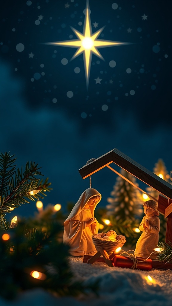 A peaceful nativity scene with Mary, Joseph, and baby Jesus under a starry sky, surrounded by Christmas decorations.